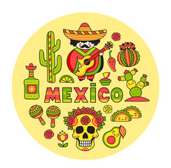 Mexico. Concept for t-shirt, print, poster, wall art, postcard and banner. National symbols. Round vector illustration.