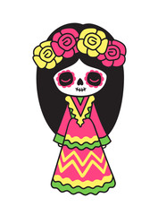 Little girl with Day of Dead makeup in wreath of roses. Mexican woman in traditional costume. Vector cartoon illustration.