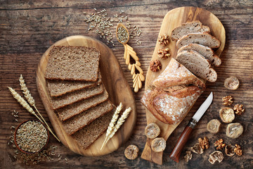 Healthy wholegrain sliced loaf with walnut & fig rye bread. High in vitamins, antioxidants and omega 3 with low gi. Health food to reduce high blood pressure, cholesterol and optimise a healthy heart