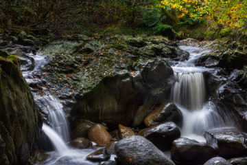 Waterfall in autumn coloured Scottish woodland