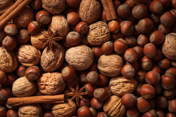 Nuts. Mix of nuts and spices. Food background