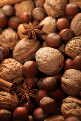 Nuts. Mix of nuts and spices. Food background