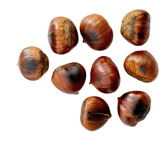 Chestnut Isolated. Roasted sweet chestnuts for Christmas on white background. Food concept. Top view. Flat lay