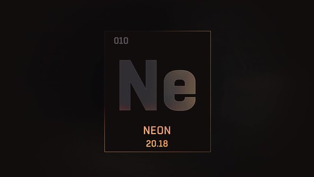 Neon as Element 10 of the Periodic Table. Seamlessly looping 3D animation on grey illuminated atom design background with orbiting electrons. Design shows name, atomic weight and element number