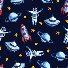 Hand drawn with pencil watercolor Space Background for Kids. Cartoon Rockets, Planets, Stars, Astronaut, Comets and UFOs.