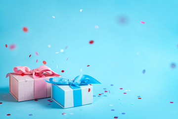Beautiful present or gift box against color background