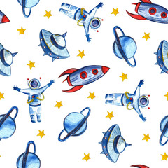 Handgezeichnet mit Bleistift Aquarell Space Background für Kinder. Cartoon-Raketen, Planeten, Sterne, Astronaut, Kometen und UFOs.