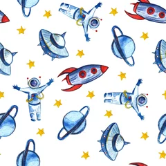 Washable wall murals Cosmos Hand drawn with pencil watercolor Space Background for Kids. Cartoon Rockets, Planets, Stars, Astronaut, Comets and UFOs.