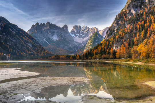 Monte Cristallo Mountains in the autumnal scenery of the Dolomites, South Tyrol. Italy