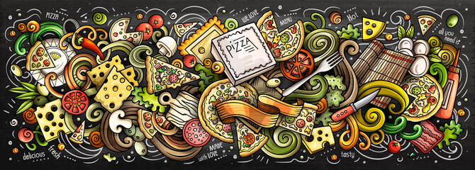 Pizza hand drawn cartoon doodles illustration. Colorful vector banner - obrazy, fototapety, plakaty