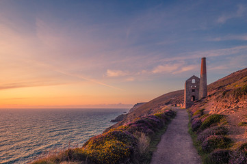 cornish tin mine at sunset 