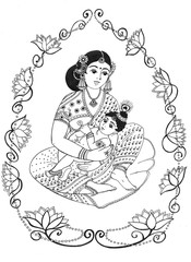 Devaka with her baby son, god Krishna, surrounded by a flower garland, graphic drawing in black line on a white background. Indian woman sitting with a baby in her arms.