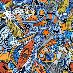 Cartoon cute doodles hand drawn water extreme sports seamless pattern.