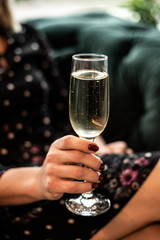 Girl holding cocktail  in the restaurant. Alcoholic drinks.