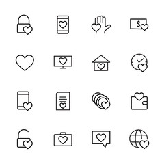 Fototapeta premium Friendship and love line icons. Interaction, mutual understanding and business promotion. Trust is love of home, and more, social responsibility icons. Linear set. Vector. Editable stroke. 480x480 pix