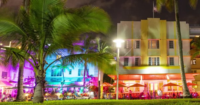 VIDEO LOOP SEAMLESS TIMELAPSE: Miami Beach, Florida, USA on Ocean Drive at sunset with famous colorful art deco buildings. timelapse video in 4K.