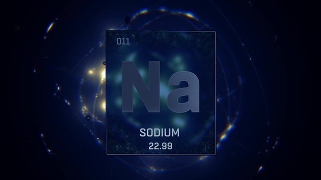 Sodium as Element 11 of the Periodic Table. Seamlessly looping 3D animation on blue illuminated atom design background with orbiting electrons. Design shows name, atomic weight and element number 