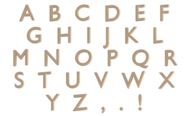 Wooden Alphabet with punctuation marks. English letters. Font.