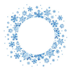 Congratulatory New Year and Christmas frame. Blue snowflakes on a white background. Hand-drawn winter watercolor pattern. Empty place for your text.