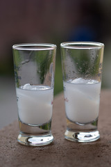 small glasses with white alcoholic beverage,small glasses with white alcoholic beverage