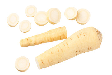 fresh parsley root with slices isolated on white background. top view