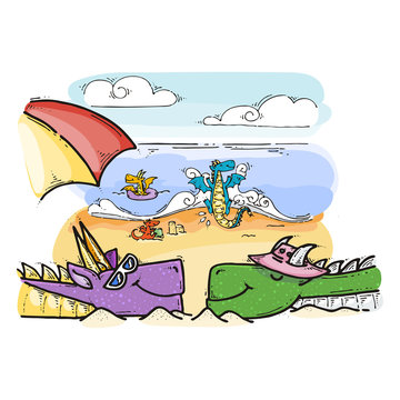 Dragons are resting on the beach on the warm sand under the hot sun. Fairytale cute monster