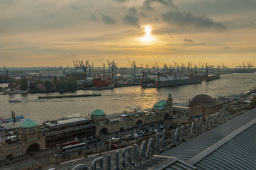 Famous harbour of Hamburg in the evening sunset