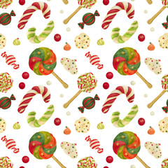 Christmas Elves Factory pattern with candy canes, lollipops, zefirs and candies