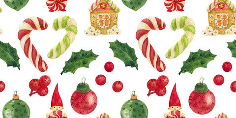 Christmas Elves Factory pattern with candy canes, holly and glass baubles