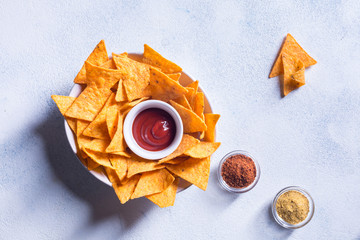 Traditional mexican snack nachos with sauce and spices on a white background