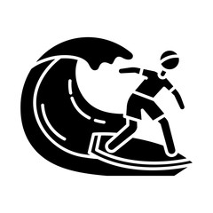Surfing glyph icon. Watersport, extreme kind of sport. Catching ocean wave, surfer balancing on board. Summer activity and hobby. Silhouette symbol. Negative space. Vector isolated illustration