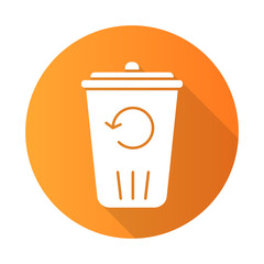 Recycling service orange flat design long shadow glyph icon. Converting waste materials. Garbage reuse. Trash bin. Reutilization. Eco friendly apartment amenities. Vector silhouette illustration