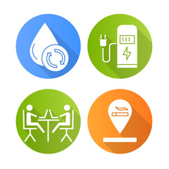 Apartment amenities flat design long shadow glyph icons set. Water filtration, car charging station, coworking space, smoking allowed. Comfortable house. Vector silhouette illustration