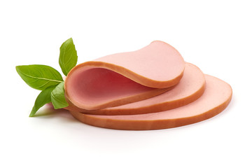 Fresh boiled pork sausage slices, isolated on white background