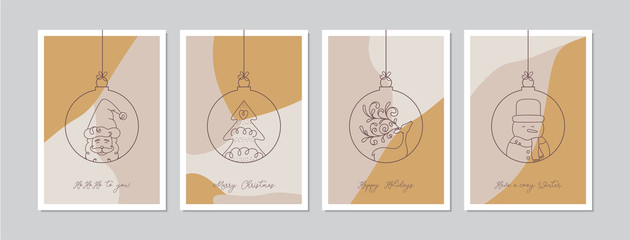 Merry Christmas cards set with hand drawn Christmas baubles. Doodles and sketches vector vintage Christmas illustrations, DIN A6