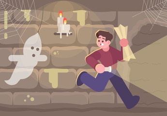 Horror escape room flat vector illustration. Man in basement running from ghost cartoon character. Scared young boy in quest room looking for exit. Thematic logic game. Modern entertainment