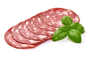 Sliced Milano salami, traditional dried sausage, jerked meat, isolated on white background