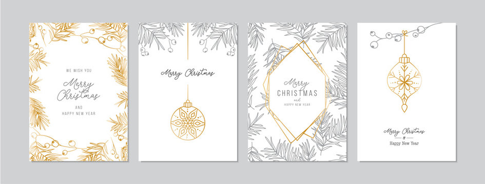 Golden and silver Christmas cards set with hand drawn tree branches and berries. Doodles and sketches vector illustrations, DIN A6