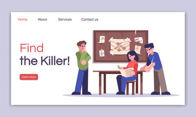 Naklejka na ściany i meble Find killer landing page vector template. Criminal quest room website interface idea with flat illustrations. Investigating murder homepage layout. Logic game web banner, webpage cartoon concept