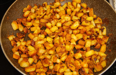 Bread croutons,fried bread on the pan 