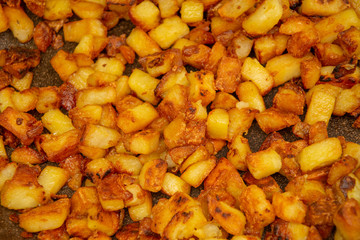 Bread croutons,fried bread on the pan 