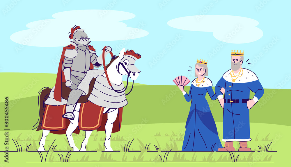 Wall mural Medieval knight and kingdom rulers flat vector illustration. Cavalier on horse with royal couple cartoon character with outline. Fairytale king, queen and crusader. Fantasy personages