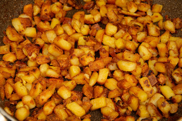 Bread croutons,fried bread on the pan 