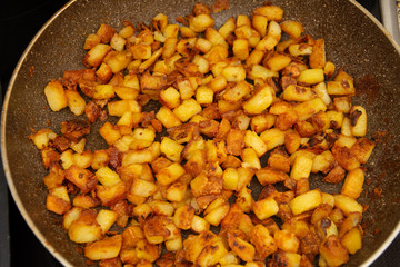 Bread croutons,fried bread on the pan 