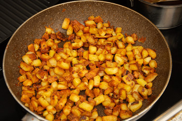 Bread croutons,fried bread on the pan 