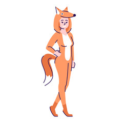 Woman dressed in fox costume flat vector illustration. Person dressing like animal. Girl in Halloween party outfit cartoon character with outline elements isolated on white background