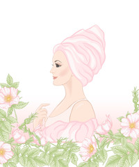 Beautiful woman 30-39 or 40-49 woman with a towel on her head and eglantine flowers. Hand drawn portrait, vector line art illustration.