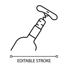 Bottle with cork and corkscrew linear icon. Wine service thin line illustration. Winery tool contour symbol. Alcohol beverage, aperitif, drink. Vector isolated outline drawing. Editable stroke