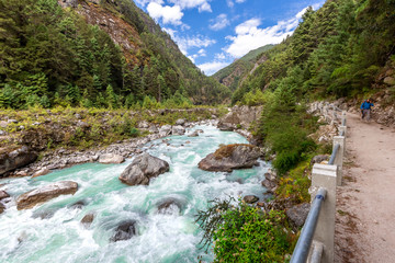 Everest, suspention bridge on the Everest Base Camp Trek, Himalaya mountains, Sagarmatha National Park, Nepal.