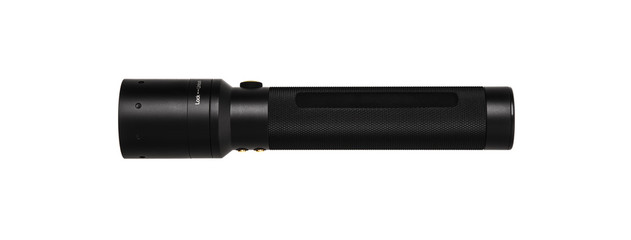 modern black metal flashlight isolated on white